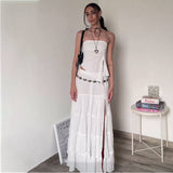 church outfit American-Style White Side High Slit Skirt Women's Long Texture Distressed Cotton Drape A- line Skirt Sheath Dress