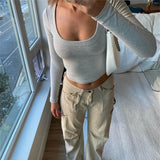 outfit ideas for school Large round Neck Long Sleeve Rib Short Top Women's Casual Sexy Autumn and Winter Knitted Bottoming Shirt Street Slim T-shirt