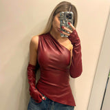 PICSGIRL  -   PU Leather Tank Top Diagonal collar Fashion Asymmetrical Ruched With Sleeves Summer Sexy T Shirt For Women Y2K Clothing