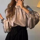 2000s fashion Spring and Autumn Korean-Style Fashionable Stand Collar Personalized All-Match Lantern Sleeve Satin Shirt Top for Women