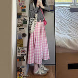 church outfit Pink Plaid Skirt for Women plus Size Chubby Girl Pear-Shaped Korean Style High Waist All-Match Plaid Pleated A- line Dress