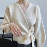 2000s fashion Knitwear Bow Strap V-neck Women's High Waist Cardigan Sweater Women's Coat Outer Top French Style