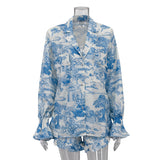 90s fashion Summer 2024 Suit Fashion Printed Bell Sleeve Shirt Top Shorts Ruffled Two-Piece Set