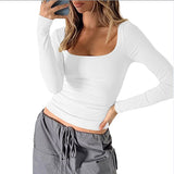 outfit ideas for school New Spring and Summer Solid Color Square Collar Long Sleeve Bottoming T-shirt Women's Clothing