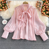 2000s fashion New Super Fairy Loose Belly Covering Bow Lace-up French Style plus Size Shirt Long Sleeve Elegant Top for Women