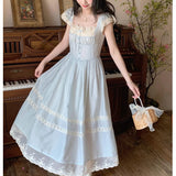 alien invasion dress to impress 2024 Summer New French Retro Fairy Small Flying Sleeve Lace Bow Blue One-Piece Dress for Women