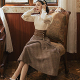 2000s fashion Autumn and Winter New Twist Square Collar Long Sleeve Thick Sweater + Lace Plaid Woolen Skirt Two-Piece Set