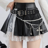 cybergoth dress to impress Hot Girl Style American Lace Ribbon Stitching PU Leather Skirt Women's Sexy Sweet Cool Wear Motorcycle Pleated Skirt