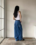 date night outfit American Street Retro Pocket Embroidered Hot Girl All-Match Loose Slimming Wide Leg High Street Casual Denim Long Pants Fashion