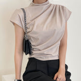 business casual outfits Chic Summer New French Style Elegant Half Turtleneck Pleated Loose Casual All-Match Short Sleeve T-shirt Top for Women