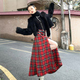 2000s fashion Retro Street Red Plaid Skirt Women's Spring and Summer New High Waist Straight Slimming Mid-Length Split Skirt Chic