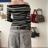 grunge dti New Fashion New off-Shoulder Striped Long Sleeve Sweater