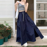 90s fashion 2024 Gentle Style Blue Drawstring Skirt Women's Early Autumn Lazy Slimming A- line Skirt Long Skirt