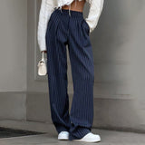 2000s fashion Navy Blue Striped Wide-Leg Pants for Women 2024 Autumn and Winter New Casual Suit Pants Draping Trousers for Women