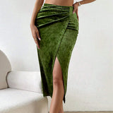 PICSGIRL  -  Sexy Plain  Side Slip Velvet Skirt Ruched Front Green Slim Fit Skirt Autumn Party Cocktail Bodycon Wrap Women Outerwear Clothing