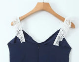 PICSGIRL  -  French pure sexy suspender dress female summer deep V-neck lace splicing hot girl short skirt