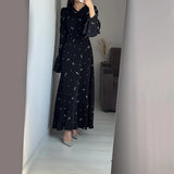 PICSGIRL  -   Literary Retro Style Women's Black Floral Dress V Neck Long Flare Sleeved High Waist Ruffles Casual Elegant Long Dress