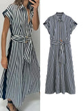 PICSGIRL  -  Women Summer Shirts Dress 2024 New Fashion Striped Belt Turn-down Collar Female Elegant Street Linen Dresses Clothing