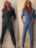 PICSGIRL  -  Women Slim Denim Jumpsuits Long Pants Rompers Springturn Down Collar Loose One Piece Full Sleeve Tight High Waist Overalls