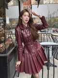 PICSGIRL  -  Autumn New Retro Red French High end Hepburn Style Polo Neck Leather Dress for Women Waist Slimming A-line Pleated Mini Dress