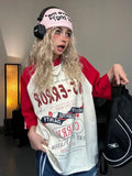 PICSGIRL  -  Sport Stripe Oversized T Shirt Women Letter Print Patchwork Raglan Sleeve Tops American Retro Harajuku Clothing Summer