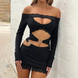 PICSGIRL  -  Women Sexy Lace Patchwork Hollow Out Bodycon Mini Dress Metal Buckle Off Shoulder Long Sleeve Hipster Party Clubwear Streetwear