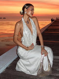 PICSGIRL  -  Vacation Temperament 2-Piece Set Women Swing Collar Arabesques Backless Tops+Smooth Skirts Beach Party Matching Suits