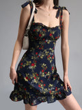 PICSGIRL  -  Floral Print Suspenders Dress Women Fashionable Elegant Wooden Ear Edge A-line Skirt Summer Sleeveless Leisure Dress