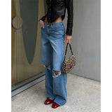 PICSGIRL  -  Jeans Pants Women Washed HOLE Out Floor Length Denim Pants Tassels