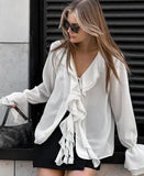 PICSGIRL  -  Elegant Ruffled White Shirts Women 2024 Fashion V-Neck Flare Sleeve Sexy Blouses Casual Lace-Up Party Transparent Tops Lady