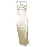 PICSGIRL  -  Women's Fish Bone Pleated Suspender Dress, Sexy Evening Dress, Tight Fitting, Monochromatic, Traf