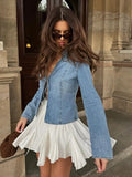 PICSGIRL  -  Denim Lace Up Solid Women Shirts Long Sleeve Hollow Out Lady Top 2024 Fashion Casual V Neck Lapel Bow Slim Female Blouses