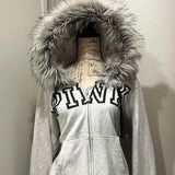 PICSGIRL  -  American Style Oversized Letters Plush Zipper Gray Hoodie Women's Autumn Winter Hot Style College Style Casual Top for Women