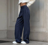 PICSGIRL  -  Navy Stripe Wide Legs Pants Women Street Casual High Waist Trousers Fashion 2024 Office Ladies Floor-Length Pants