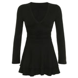 PICSGIRL  -  Black Slim V-Neck Low-Cut Long Sleeve Dresses Sexy Basic Women 2024s New Clothes Tierred Ruched Short Vestido