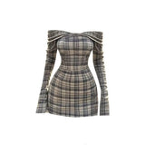 PICSGIRL  -  French Retro Plaid Off Shoulder Long Sleeve Sexy Dress for Women Autumn Chic Spicy Girl Waist Slimming Wrap Hip Mini Dresses