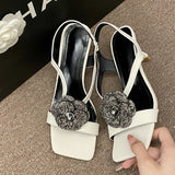 PICSGIRL  -  Rhinestone Flower High Heel Sandals Women Luxury Sandals Square Head Pumps Women Designers Diamond Flowers Party Dress Shoes