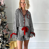 PICSGIRL  -  Women Silk Bow Tie Pajama Set Satin Button 2 Piece Pjs Outfit Long Sleeve Funny Shirt Shorts Lounge Sleepwear