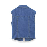 PICSGIRL  -  Summer Folds Blue Denim Tank Tops Women 2024 New Single Breasted Lapel Collar Sleeveless Vest Female Vintage Fashion Camis