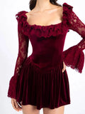 PICSGIRL  -  Chic Burgundy Lace Hollow Out Flared Sleeves Dress Fashion Women's Square Collar Backless Patchwork Dresses 2024 Lady Party Gown