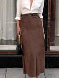 PICSGIRL  -  Elegant Suede Brown Women Skirts High Waist Pleated Slim Female Skirt 2024 Autumn Winter Zipper Office All Match Lady Party Wear