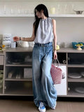 PICSGIRL  -  Y2k Vintage High Waisted Blue Washed and Distressed Jeans Women American Retro Streetwear Harajuku Baggy Trousers 2000s