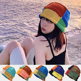 PICSGIRL  -  Fashion Color Patch Beanie Hats For Women Hand Crocheted Skull Caps Spring Autumn Outdoor Ear Protector Hollow Thin Knitted Hat