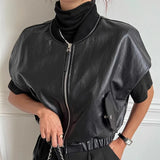 PICSGIRL  -  Retro High-End Leather Vest Women'S Autumn And Winter Round Neck Zipper Style Loose And Versatile Short Sleeved Jacket