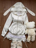 PICSGIRL  -  Korean Cute 2 Pieces Set Y2K Aesthetic Cartoon Patchwork Lace Rabbit Ears Hoodies + Bandage Lace Mini Cake Skirts Fairy Outfits