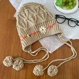 PICSGIRL  -  Knitted Beanies Hat for Women Bohemian Tassel Flower Crocheted Woolen Pullover Cap Autumn Winter Warm Thicken Ear Protection Cap