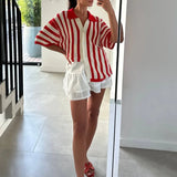 PICSGIRL  -  Red Striped Crochet Blouse Women Summer New Single Breasted Lapel Collar Hollow Out Blouses Streetwear Casual Short Sleeve Shirt