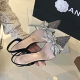 PICSGIRL  -  Luxury Pointed Heels Woman Crystal Slingback Shoes Glitter Bow Bride Fine High Heel Sandals Female Muller Pumps Women