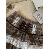 PICSGIRL  -  Kawaii Ruffle Lace Plaid Skirts Women Sweet Elegant Mini Skirt Cutecore Autumn Winter Patchwork A-line Short Skirts