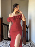 PICSGIRL  -  layered look inspo Off Shoulder Solid Women Dress Sleeveless Backless Split Lady Dresses Fashion Wave Cut Evening Party Female Maxi Vestidos